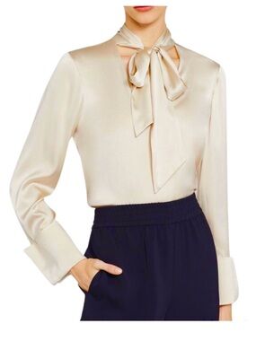 Alice + Olivia Rosina French-Cuff Tie-Neck Stretch Silk Blouse Top Size XS Beige